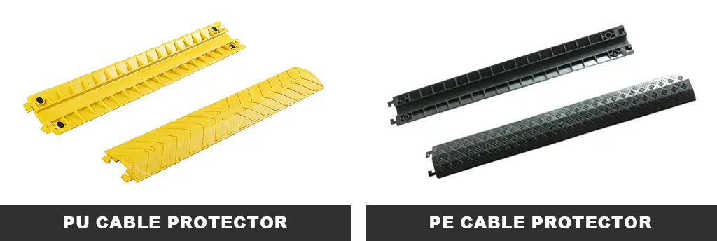 Yellow drop-over cable protectors made of PU, and black drop-over cable cover made of PE.