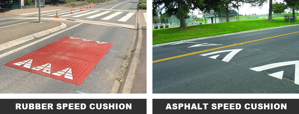 A red rubber speed cushion with white strips and a black asphalt speed cushion with white markings mounted on the road to reduce vehicles' speed.