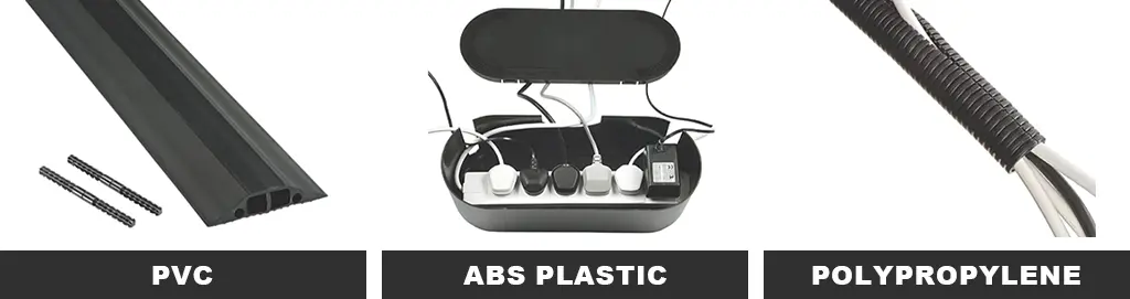 A black PVC cable cover, an ABS plastic cable tidy unit, and a polypropylene cable tidy tube manufactured by Screwfix for protecting cables.