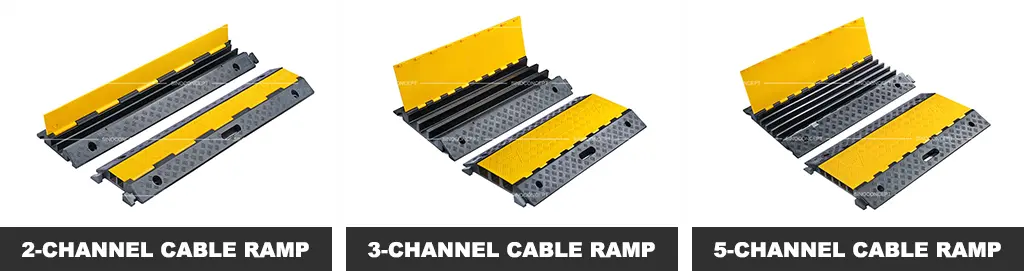 2-channel, 3-channel, and 5-channel rubber cable ramps manufactured by Sino Concept for indoor or outdoor cable protection.