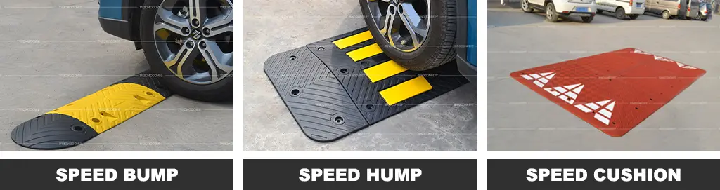 A black and yellow rubber speed bump, a black speed hump with yellow reflective films, and a red speed cushion with white reflective films as traffic-calming devices.