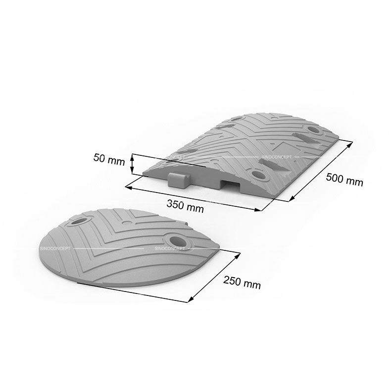 3D drawing showing dimensions of 5cm standard type road bump made of Plastic-Rubber composite.
