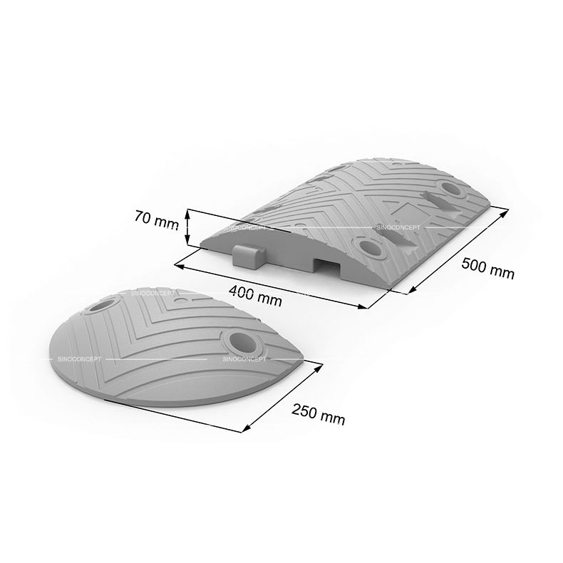 Drawing of a 7 cm high road bump with dimensions 500 mm by 400 mm and end cap 250 mm by 400 mm.