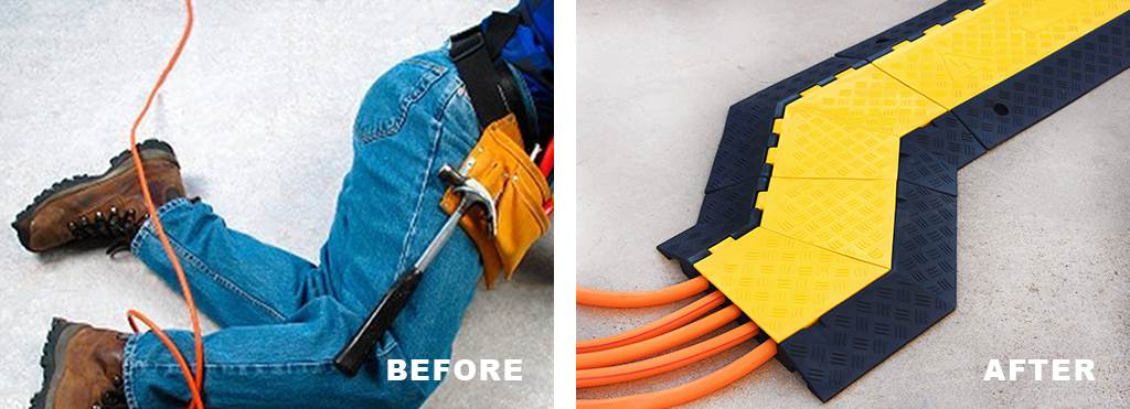 A person tripped over an orange wire, and a 5-channel black cable ramp with yellow lids protects wires.