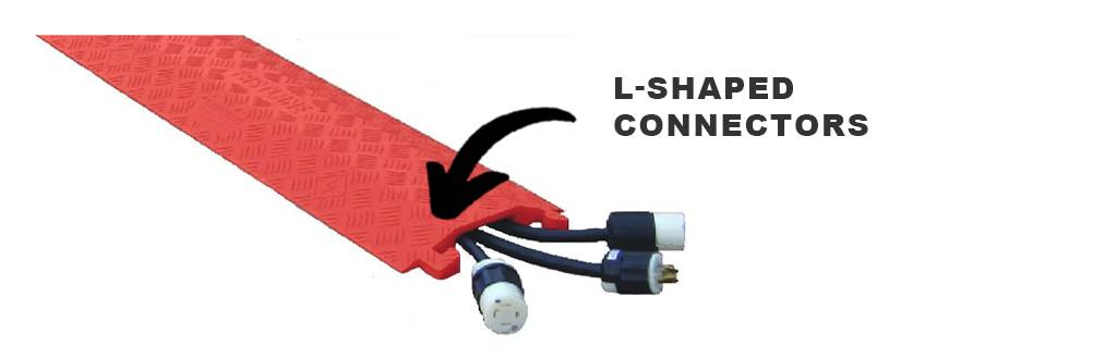 A red cable protector with L-shaped connectors for protecting cables or wires.