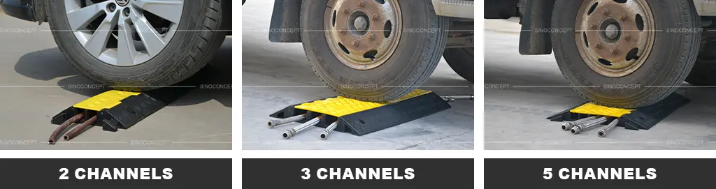 A two-channel, three-channel and five-channel cable ramps with black rubber bases and yellow plastic lids.