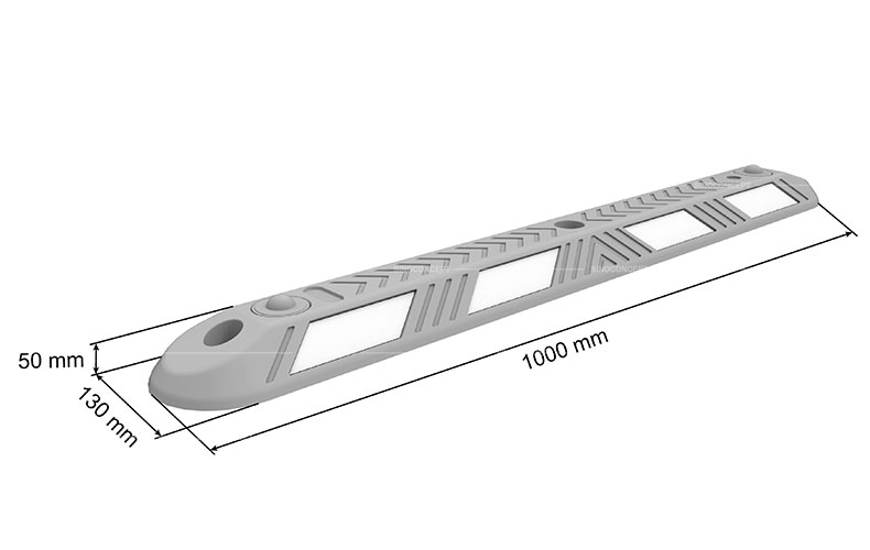 3D drawing of a cycle lane divider showing dimensions, with white reflective tapes and glass road studs for road safety management