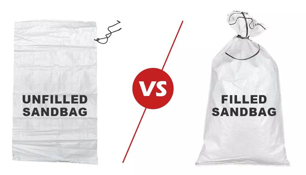 A white unfilled sandbag and a white filled sandbag.
