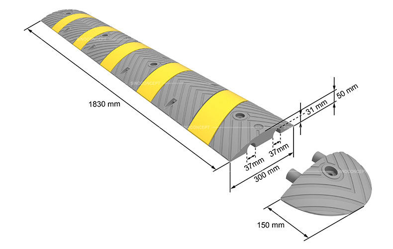 3D drawing of modular speed bump dimensions made of black and yellow recycled rubber used as a traffic calming device