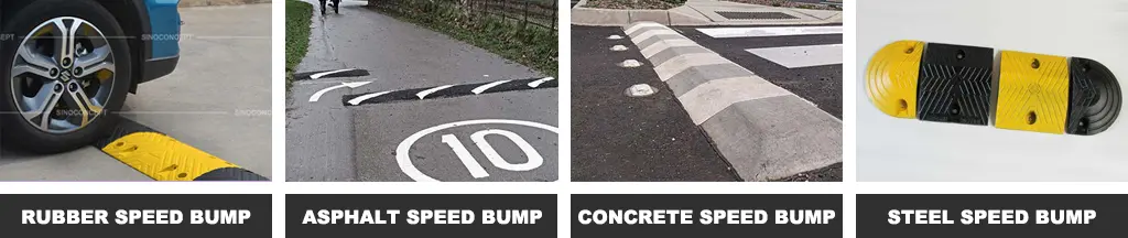 A black and yellow rubber speed bump, black asphalt speed bumps with white markings, a concrete speed bump and a black and yellow steel speed bump.