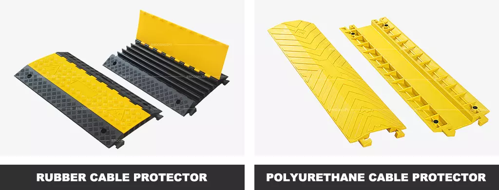 A black rubber cable ramp with yellow lids and a bright yellow drop-over cable protector made of polyurethane.