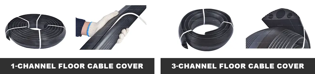 1-channel and 3-channel floor cable covers for organizing and protecting wires and cables.