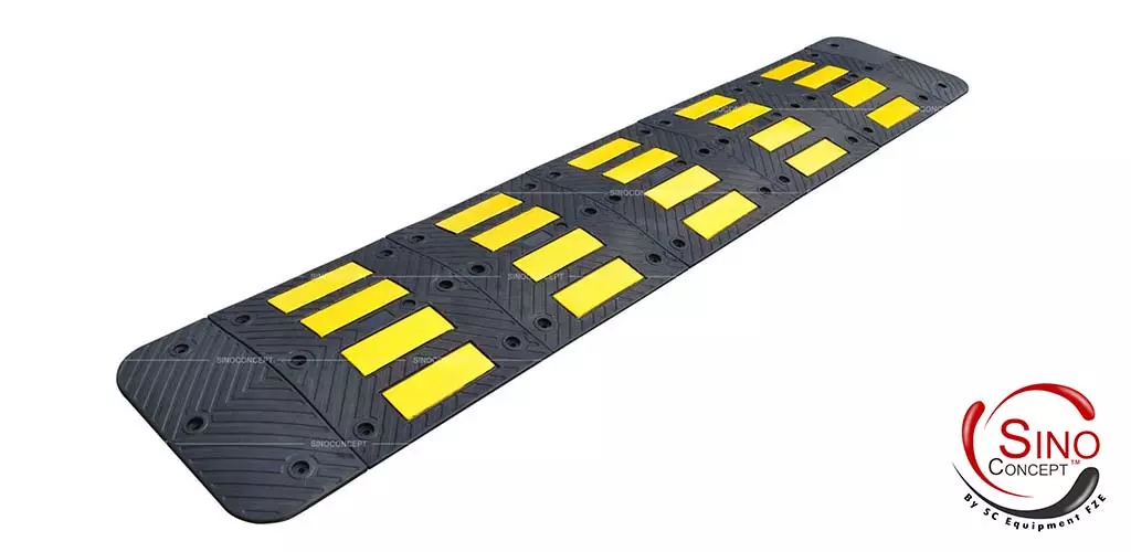 Rubber speed hump with yellow reflective tapes for parking management, manufactured by Sino Concept.