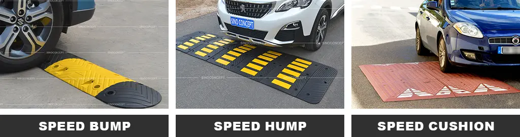A black and yellow speed bump, a black rubber road hump with yellow reflective films, and a red rubber speed cushion with white reflective films.