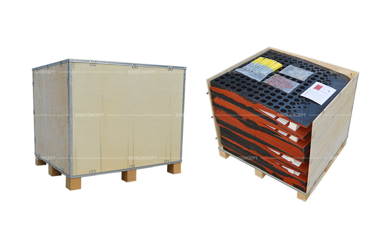 Rubber speed tables also called rubber road cushions packed within wooden crates for delivery to Europe