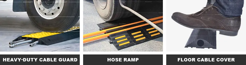 A black and yellow heavy-duty cable guard, a black hose ramp with yellow reflective films, and a black one-channel floor cable cover.