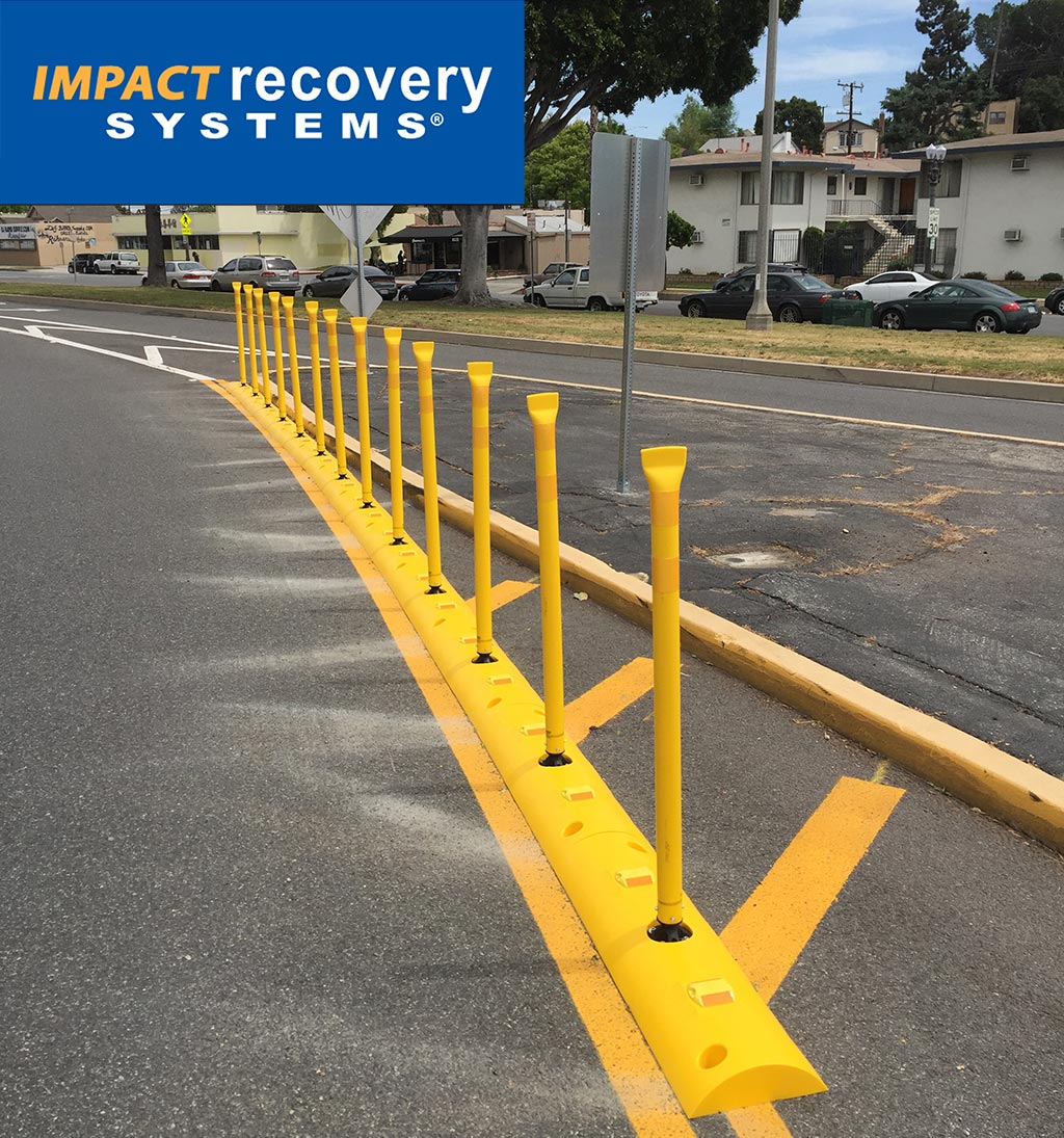 Yellow lane dividers with yellow posts inserted on the base for better traffic management