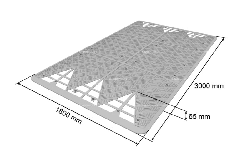 3D drawing of a rubber speed cushion showing dimensions of the Europe type, with white reflective tapes for traffic management