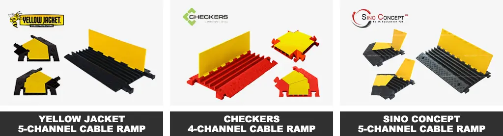 Yellow Jacket 5-channel black and yellow cable protectors, Checkers 4-channel red and yellow cable ramps, and Sino Concept 5-channel black and yellow cable ramps.