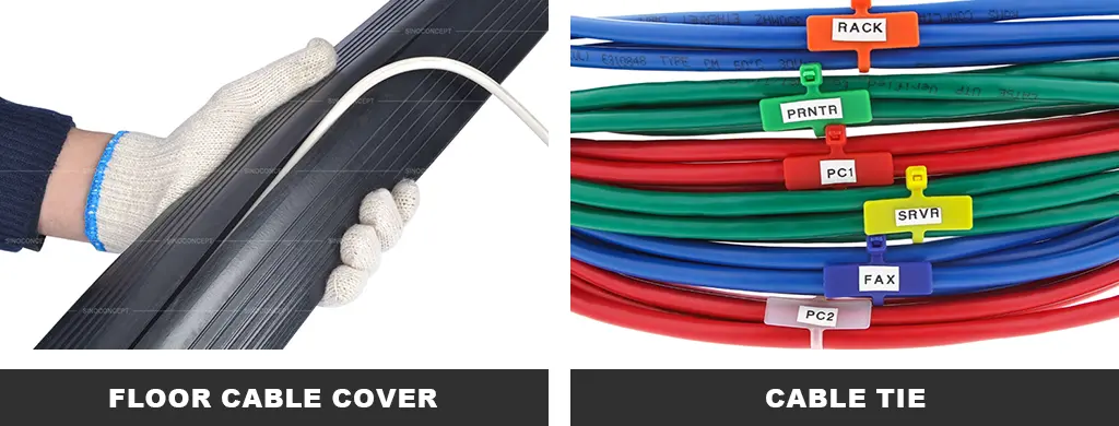 A black floor cable cover and colourful cable ties to prevent cable-related dangers.