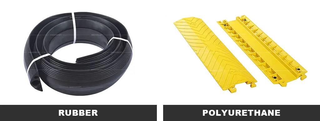 A black rubber floor cable cover and a bright yellow drop-over cable protector for cable management.