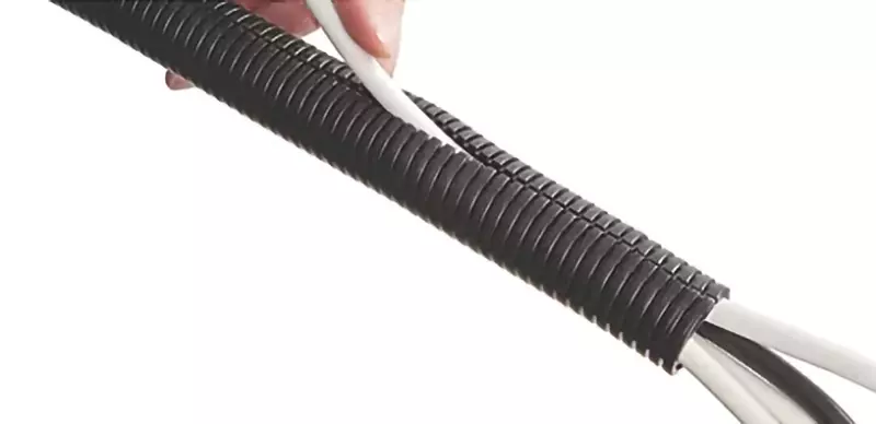 A black flexible cable cover made by Screwfix to protect cables or wires.