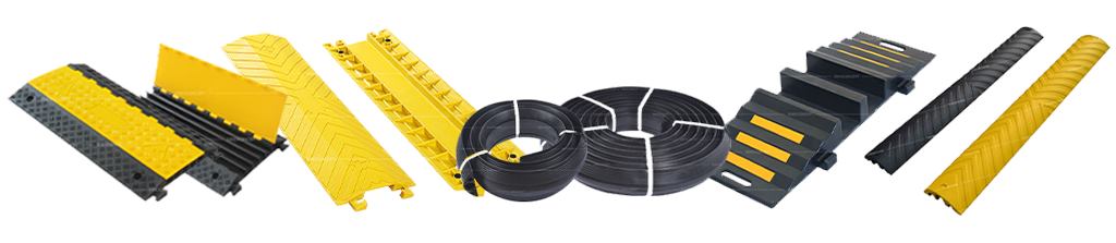 Full range of cable protectors made by Sino Concept, including rubber cable ramps, polyurethane drop-over cable protectors, rubber floor cable covers, rubber heavy-duty hose ramps, and rubber cable protector ramps.