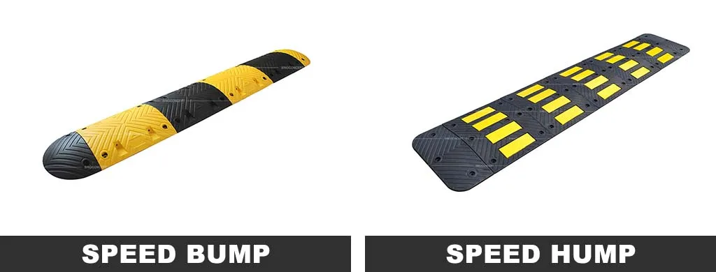 A black and yellow speed bump, and a black speed hump with yellow reflective films to reduce vehicular speed.
