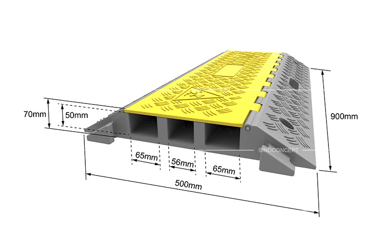 3D drawing of a rubber cable protector showing dimensions of 3 channels type, with a yellow plastic lid to protect cables or hoses.