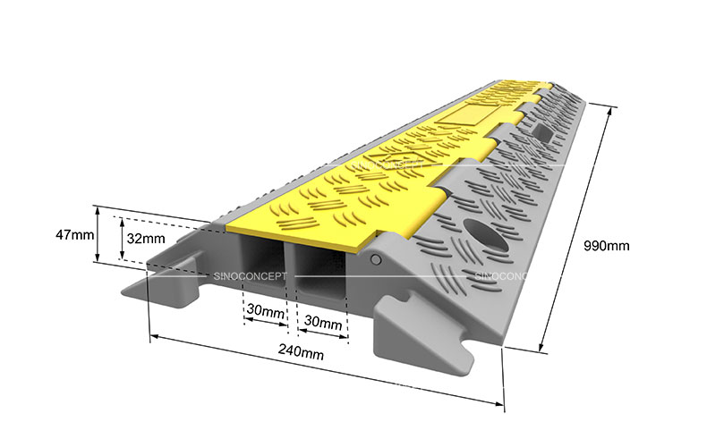 3D drawing of a rubber cable protector showing dimensions of 2 channels type, with a yellow plastic lid to protect cables or hoses.