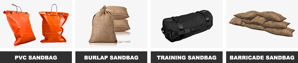 Orange PVC sandbags, burlap sandbags, black training sandbags, and barricade sandbags.