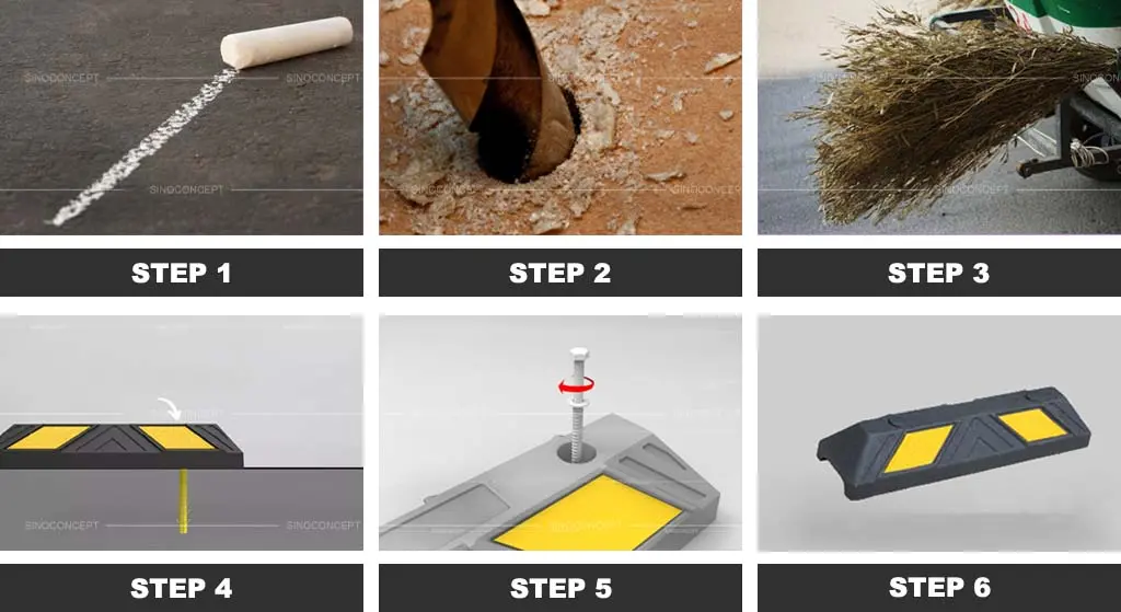 A white chalk, a drill, a broom, and black and yellow wheel stop with accessories.