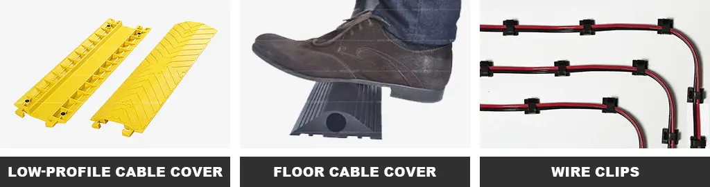 Yellow low-profile cable covers, a black floor cord cover, and wire clips for cord management.