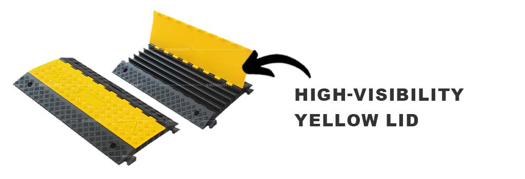 Cable ramp with a high-visibility yellow lid and black rubber base for enhanced durability and pedestrian safety.