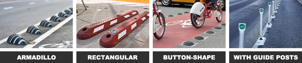 Black and white armadillo shape lane dividers, red rubber rectangular cycle lane separators, black button-shape lane separators, and white lane dividers with guide posts.