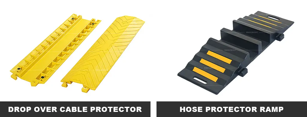 Bright yellow drop-over cable covers and a black hose protector ramp with glass bead reflective tapes manufactured by Sino Concept.