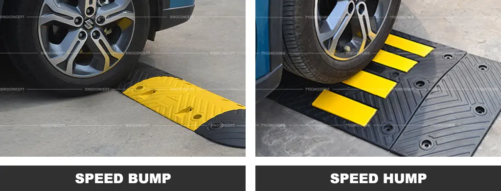 A black and yellow speed bump, and a black speed hump with yellow reflective films as traffic-calming measures.