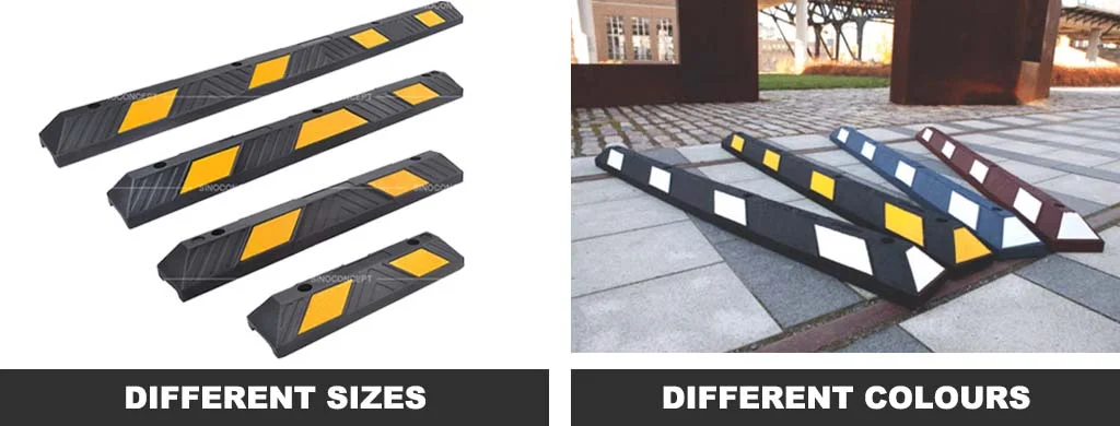 Different sizes of black and yellow wheel stops, and different colours of parking blocks.