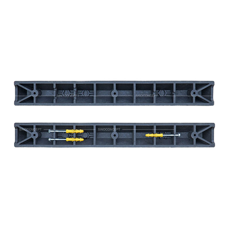 Bottom view of 1220mm Plastic-Rubber composite parking wheel stops with 3 galvanised hex flange coach screws and plastic anchors.