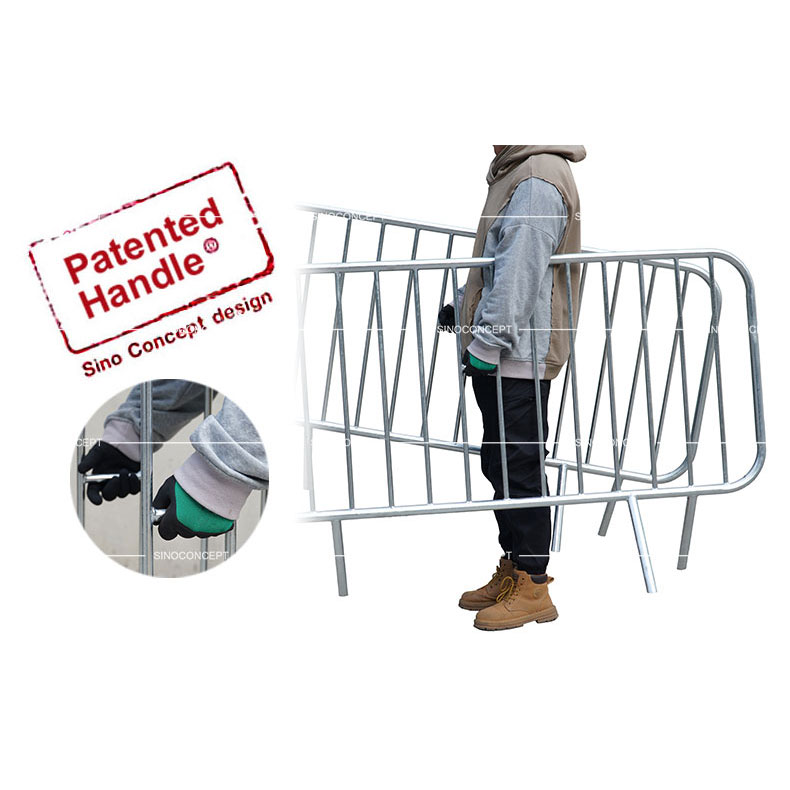2 meter crowd barriers with patented handles designed by Sino Concept for easy carrying.