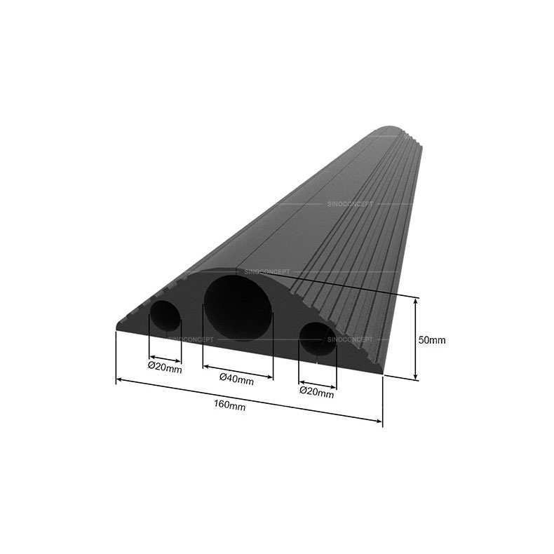 3D drawing of a floor cord cover also called outdoor cable protector showing dimensions of width, height and acceptable cable size