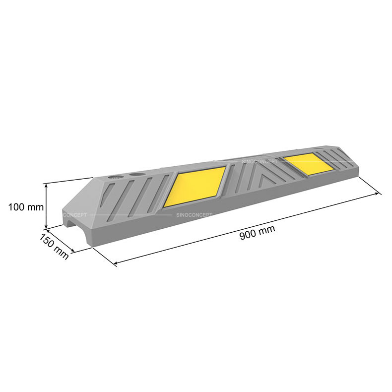 3D drawing of a parking wheel stop showing dimensions of 900mm type, with yellow reflective glass bead reflective tapes