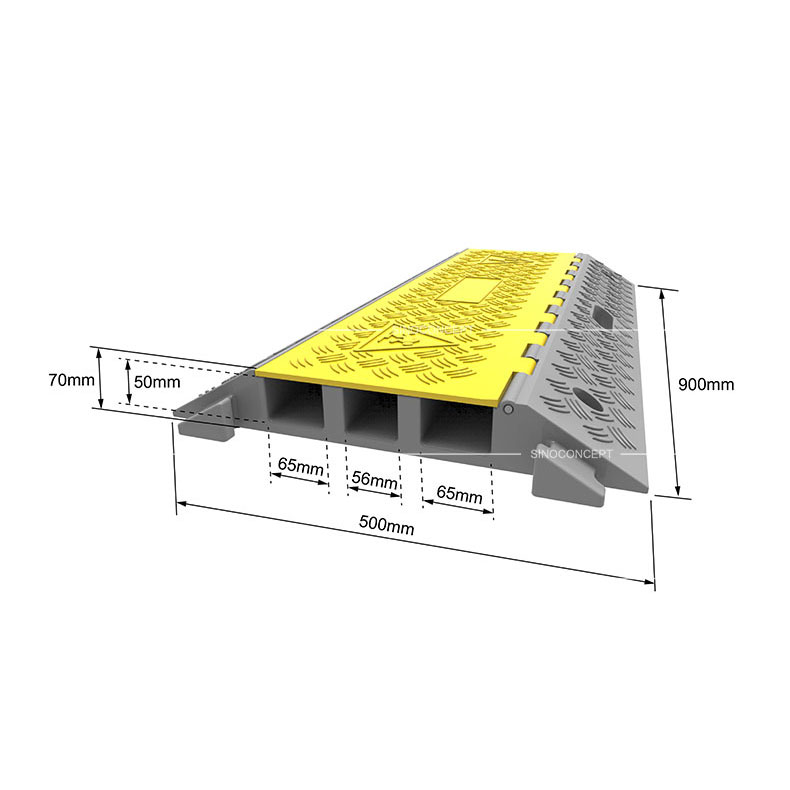 3D drawing of a rubber cable protector showing dimensions of 3 channels type, with a yellow plastic lid to protect cables or hoses.