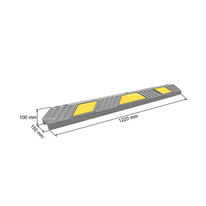 3D drawing of a 1220mm wheel stop showing dimensions including the length, width and height.