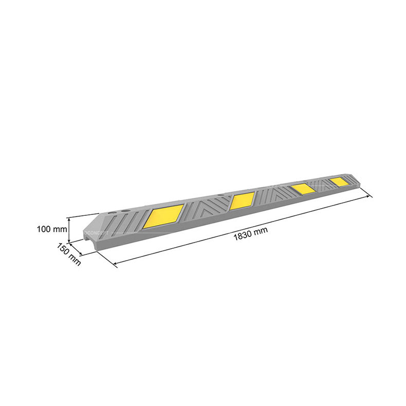 3D drawing of a 1830mm wheel stop showing dimensions including the length, width and height.