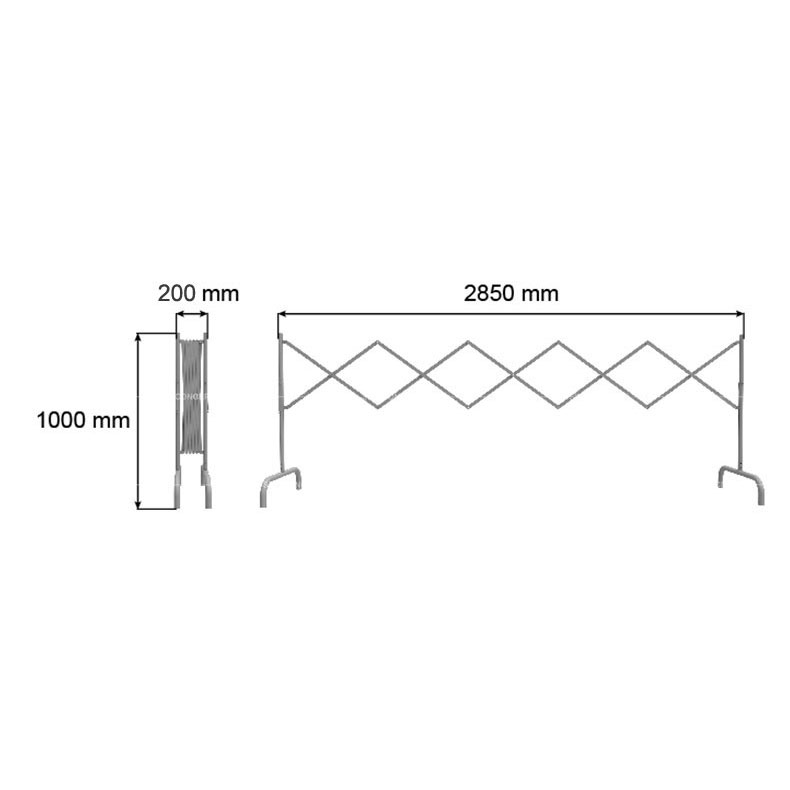 Drawings of steel expanding barriers showing dimensions including the maximum length, minimum length and height.