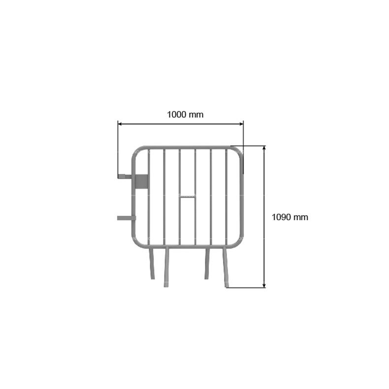 Drawings of a small size pedestrian barrier showing dimensions of the height and length.