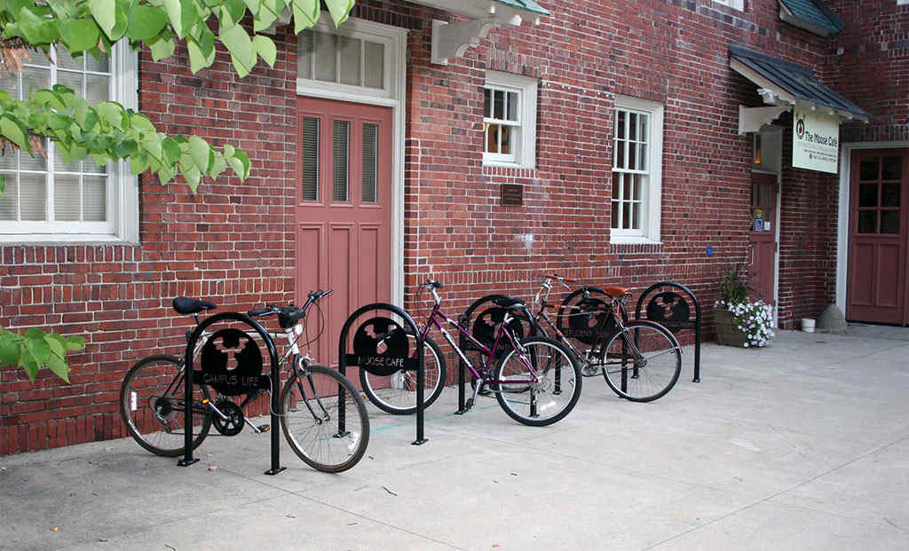 Some black U bike racks for bike parking.