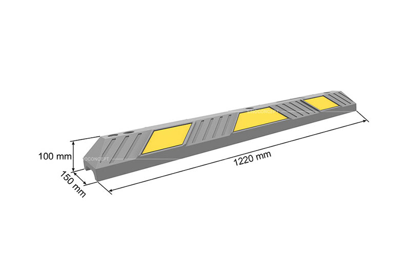 3D drawing of a rubber curb showing dimensions of 1220mm type, with yellow reflective glass bead reflective tapes