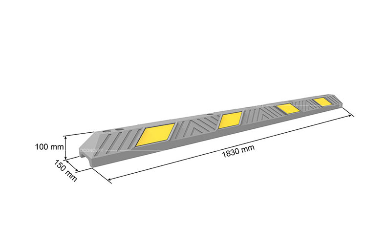 3D drawing of a rubber curb showing dimensions of 1830mm type, with yellow reflective glass bead reflective tapes